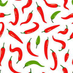 Red chili and cayenne peppers seamless pattern for cafe menu, food packaging and wallpapers. Vector repetition ornament of flat mexican pepper