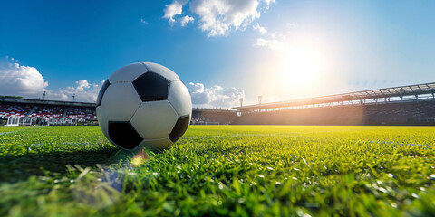 Fußball auf einem Sportplatz mit blauen Himmel und Sonnenschein 