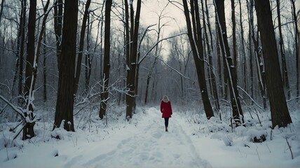 Woman walking in winter forest nature path walk on trail woods background from Generative AI
