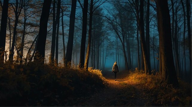 Woman walking in autumn forest nature path walk on trail woods background at night from Generative AI