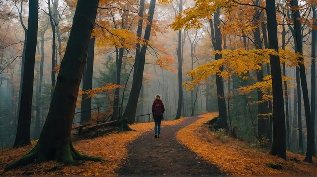Woman walking in autumn forest nature path walk on trail woods background at morning from Generative AI