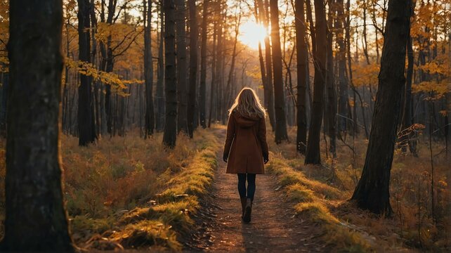Woman walking in autumn forest nature path walk on trail woods background at sunset from Generative AI