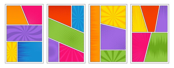 Fototapeta premium Comic book page template set. Retro colorful pop art frames for superhero story with action lines and dot effects. Vector сomicы backgrounds