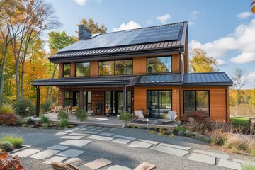 Naklejka premium Eco-friendly house with solar panels on the roof Emphasizing sustainable living and renewable energy in residential architecture.