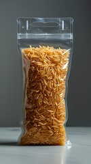 A transparent plastic bag contains brown rice grains, useful in preserving food. Plastic bag of rice representing sustenance and nutrition. Little rice or grains concept. - obrazy, fototapety, plakaty