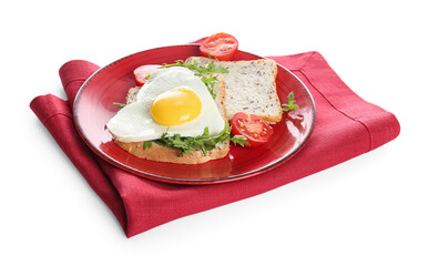 Plate with tasty fried egg, toasts, tomatoes and arugula on white background