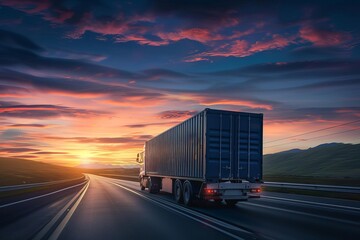 Logistics concept showing a container truck on a highway at sunset Symbolizing the dynamic flow of goods in global trade and transportation
