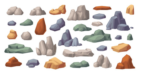 Cartoon rock stones, cobbles and boulders big set. Grey and brown rock piles, granite chunks and gravel. Vector nature objects for game environment design