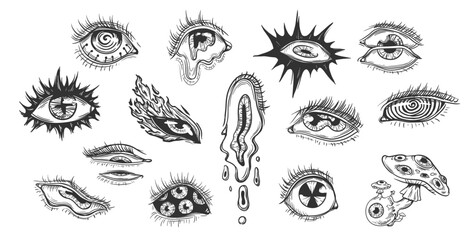 Esoteric groovy deformed human eyes sketch for tattoos and prints set. Female eye with radioactive pupil. Eyeball with mushroom. Eyes melting with tears. Vector psychedelic hand drawn - obrazy, fototapety, plakaty