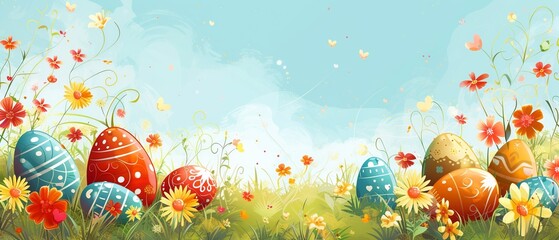 Fototapeta na wymiar Easter Bloom & Egg Illustration with Text Space