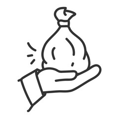 Money bag in hand thin line icon. Hand holding money bag. Donation doodle icon.