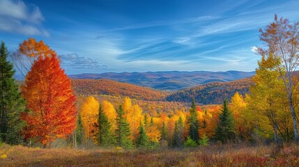Fototapeta premium Mountain landscape in full autumn glory, layers of forests in varying shades of orange, gold, and red under a clear blue sky 