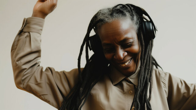 Happy elderly black female listening to music with headphones and danicng. Plain background. Neutral beige colors. AI generated
