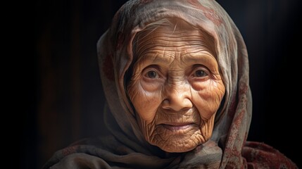 Portrait of an old Asian woman on a dark background. Neural network AI generated art - obrazy, fototapety, plakaty