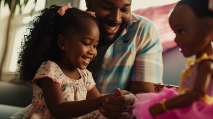 Candid african american father and daughter playing with dolls and bonding on Father's Day. Close up black dad and daughter spending time together. Daddy's little girl. AI generated
