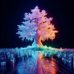 Tree under colored neon lights at night