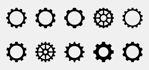 Gears collection. Gear settings icons. Set of black gear wheels. Sprockets