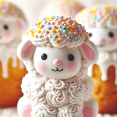 Obraz premium Close-up of a traditional Easter lamb cake decorated with icing and pastel-colored sprinkles Sweet and delightful Perfect for Easter dessert-themed designs 