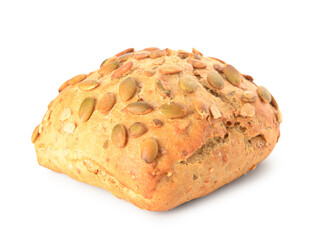 Fresh delicious bun with seeds on white background