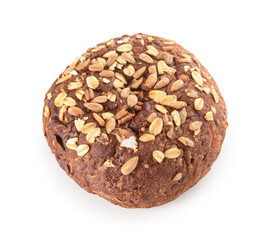Fresh whole grain bun with seeds on white background