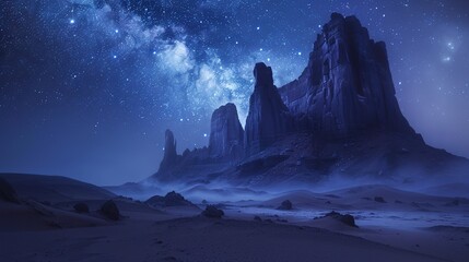 Otherworldly rock formations in a desert, shapes sculpted by wind and water over millennia, under a star-filled night sky 