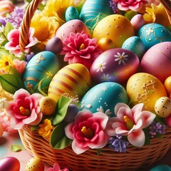 Fototapeta na wymiar Close-up of a vibrant Easter basket filled with colorful eggs and spring flowers Joyful and festive Perfect for Easter-themed designs 