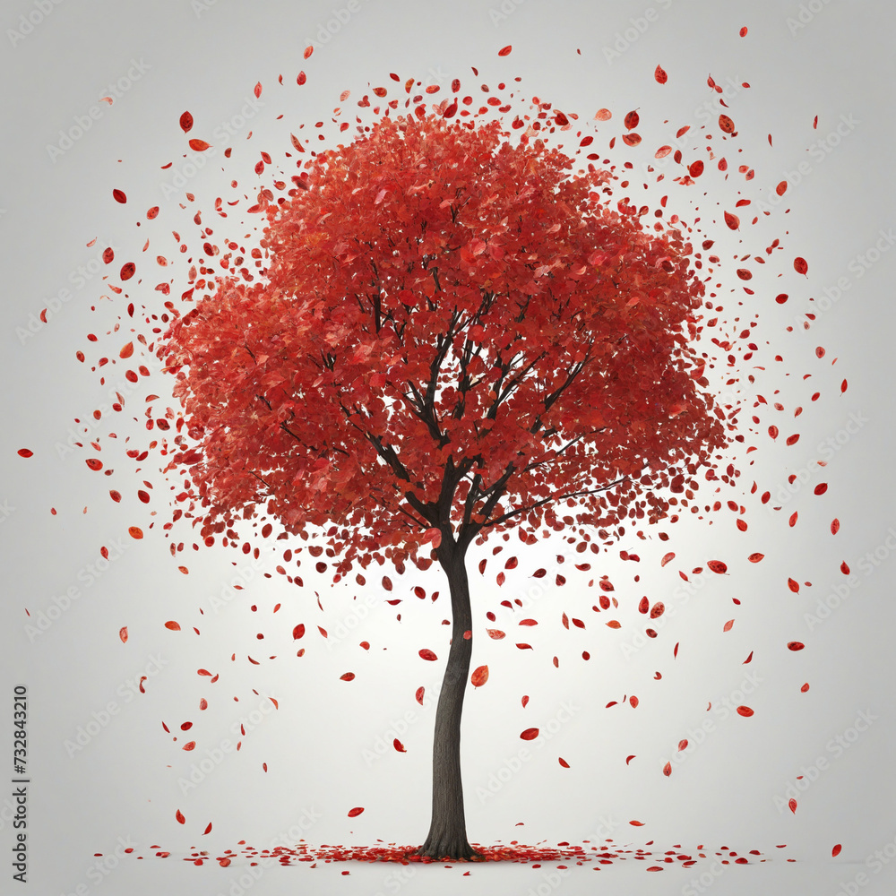 Poster lonely autumn tree with scattering falling red leaves, png file of isolated cutout object on transpa