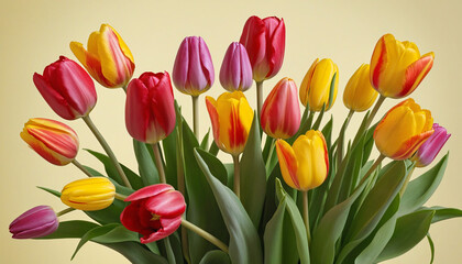 Obraz premium Beautiful Bouquet of vivid colorful tulips flowers on yellow background