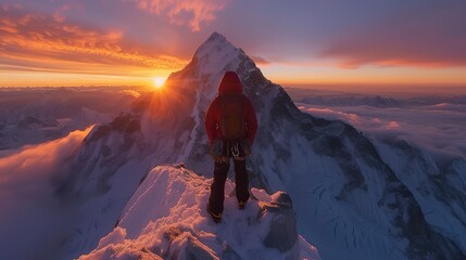Photorealistic depiction of a climber's first-person view reaching the summit of Mount Everest, breathtaking horizon at dawn - obrazy, fototapety, plakaty