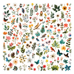 Big collection of flowers, leaves, birds, bunny.