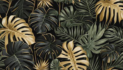 Gold and black tropical monstera leaves pattern