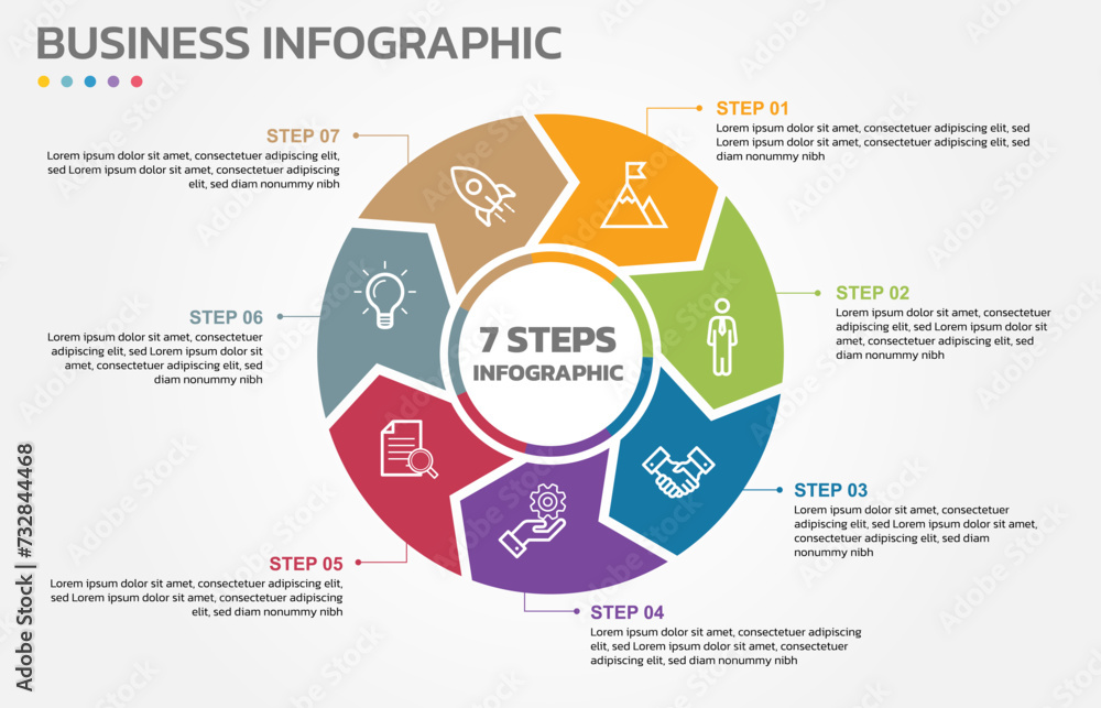 Aufkleber Visual data presentation. Cycle diagram with 7 options. Pie Chart Circle infographic template with 7 steps, options, parts, segments. Business concept. Marketing infographic vector illustration.