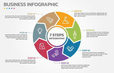 Visual data presentation. Cycle diagram with 7 options. Pie Chart Circle infographic template with 7 steps, options, parts, segments. Business concept. Marketing infographic vector illustration.
