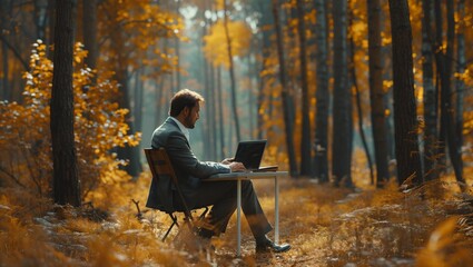 Fototapeta premium A businessman is sitting and using a laptop in the middle of the forest