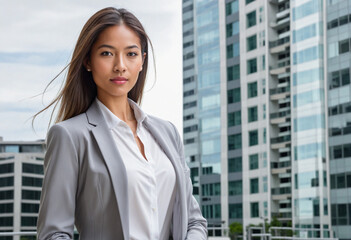 Young business woman standing at the entrance to a skyscraper