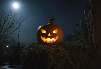 Halloween pumpkin at night in old town
