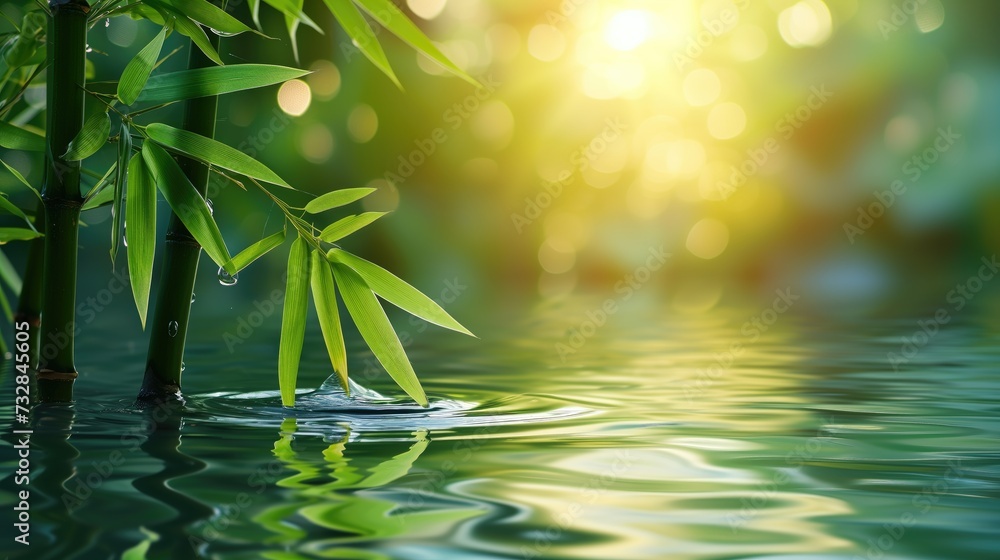 Wall mural Tranquil Bamboo by the Water Background, Nature Wallpaper, Spa Backdrop, Green Plants, Natural Beauty Photo