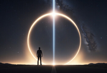 Fototapeta premium Man standing in front of a glowing portal