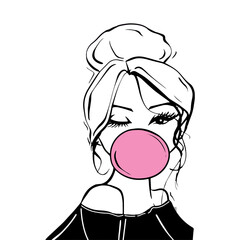 sketch of pretty girl winking and blowing gum, Vector for silkscreen, dtg, dtf, t-shirts, signs, banners, Subimation Jobs or for any application