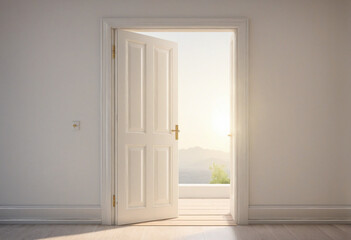 Sun shining through half open classic white door