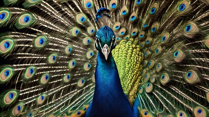 Obraz premium A peacock with its feathers spread out,