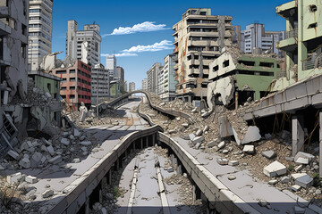 Terrifying Aftermath of Earthquake: A Distorted Cityscape under Ash-filled Sky - obrazy, fototapety, plakaty
