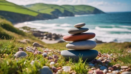 Cercles muraux Pierres dans le sable Stack stones on the coast of the sea in the nature. Cairn acon the ocean beach, five pebbles tower. Concept of bazlance and harmony. Calm and spirit