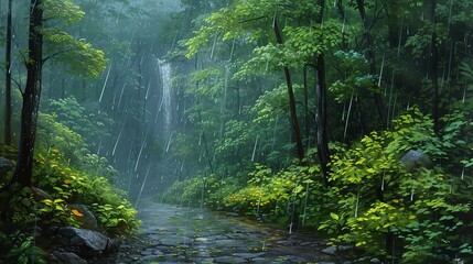 Rainforest path during a rain shower, vibrant greenery, the sound of raindrops on leaves, a distant waterfall murmuring