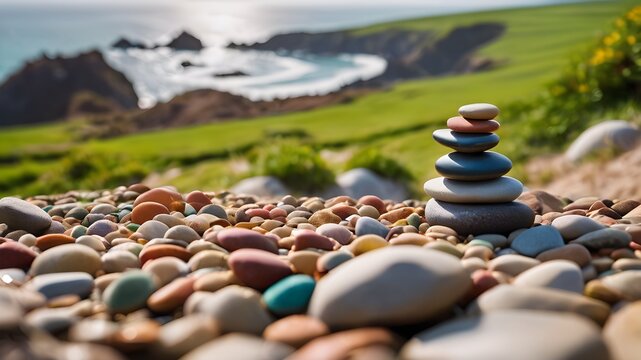 Stack stones on the coast of the sea in the nature. Cairn acon the ocean beach, five pebbles tower. Concept of bazlance and harmony. Calm and spirit