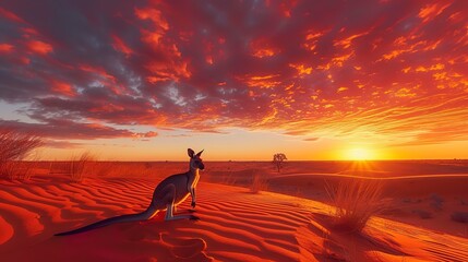 Red sand dunes at sunset in the Australian outback, the sky ablaze with colors, a kangaroo silhouette hopping in the distance - obrazy, fototapety, plakaty
