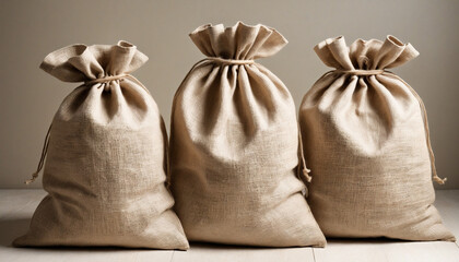 Three burlap sacks filled with buckwheat and flour, isolated on a white background with space for decoration 