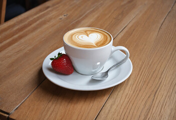 Obraz premium Freshly brewed Cappuccino in a white cup on a wooden table at a cozy cafe