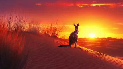 Tableaux ronds sur aluminium brossé Bordeaux Red sand dunes at sunset in the Australian outback, the sky ablaze with colors, a kangaroo silhouette hopping in the distance --ar 16:9 --stylize 250 --v 6 Job ID: 1443448d-de1b-42ee-91e1-4a6fcd1ba81e