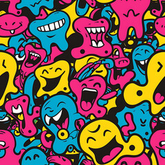 Repeating pattern of cute cartoon monster faces